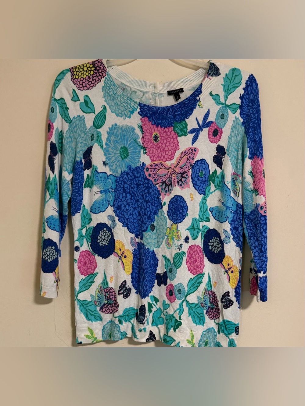 TALBOTS Womens Cotton Rayon Cardigan Sweaster 3/4 Sleeve Floral Multicolor Large